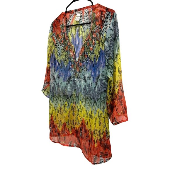 Cute Options Bohemian Multicolor Sheer Tunic Top Sz Large Embellished Beaded - Picture 3 of 8